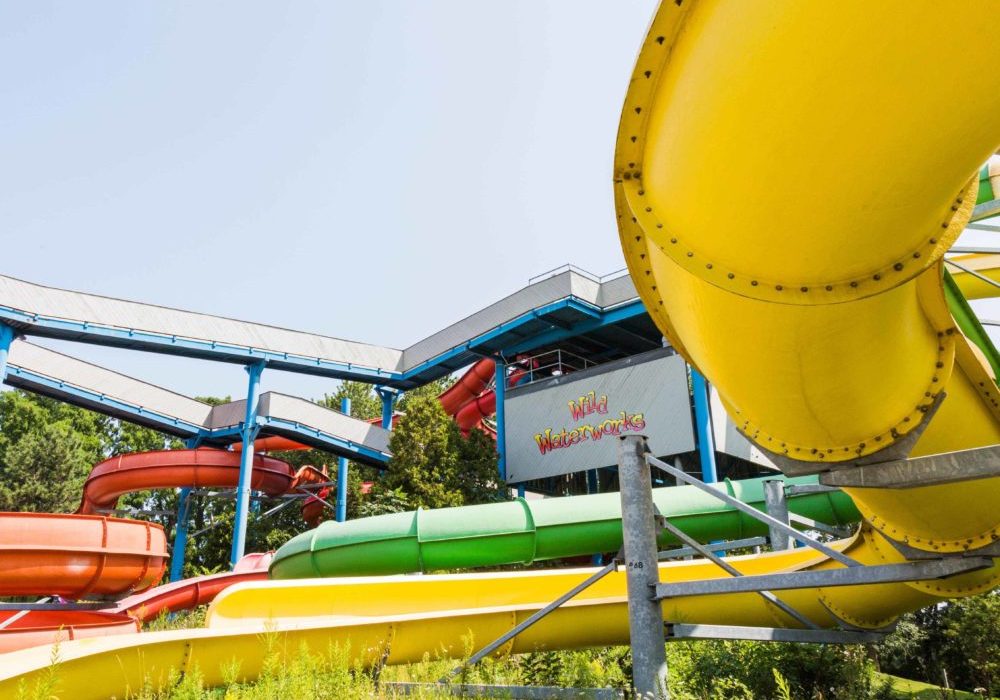 Closeup of multi-coloured water slides at Wild Waterworks in Hamilton